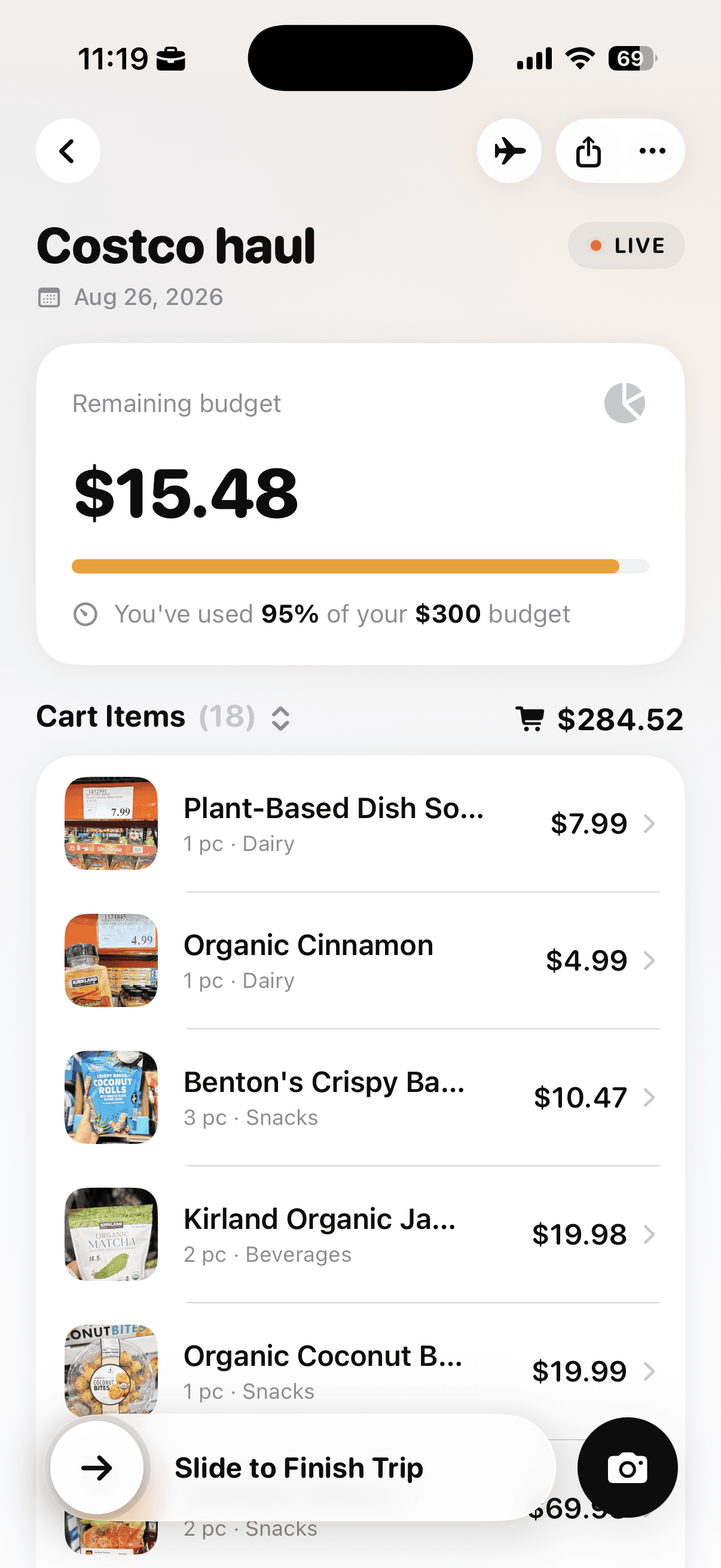 Cart AI grocery trip overview showing cart items, prices, total spending, remaining budget, and percentage used.