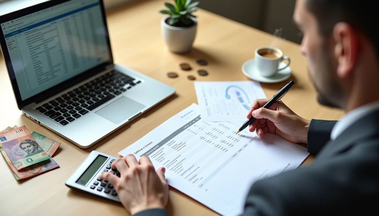 Person using a calculator and reviewing financial documents next to a laptop and coffee cup on a desk
