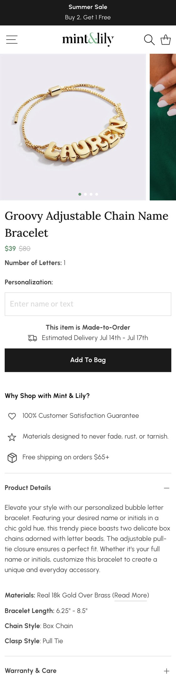 Jewelry product options include: bracelet, chain for Groovy Adjustable Chain Name Bracelet from Mint & Lily.