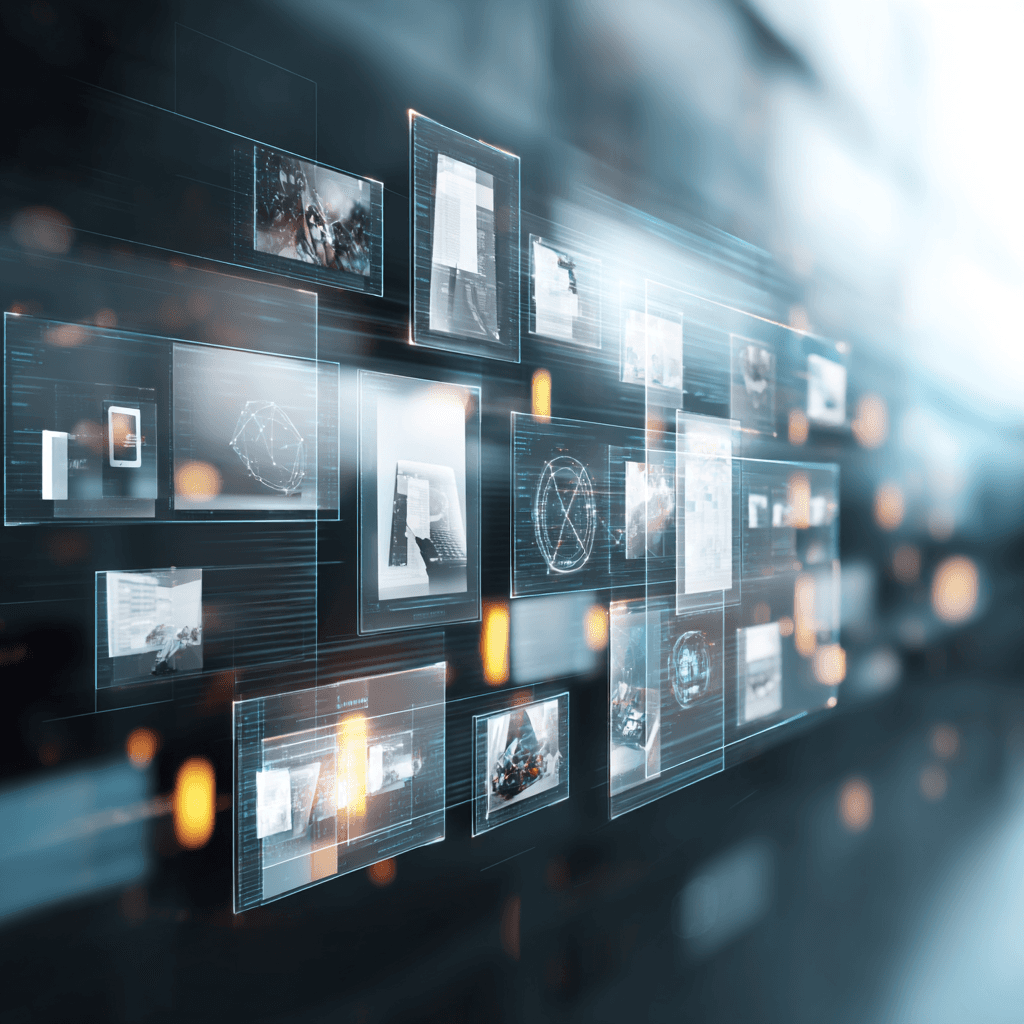 A digital interface displaying organized media assets, representing a centralized digital asset library.