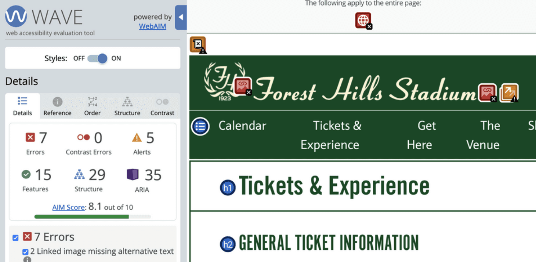 WAVE accessibility report showing 7 errors, 0 contrast errors, 5 alerts, and 8.1 AIM score for Forest Hills Stadium Tickets page