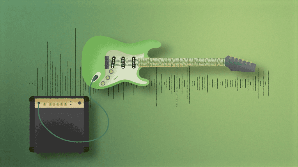 still image of the guitar and amplifier infront of a soundwave over a green gradient background
