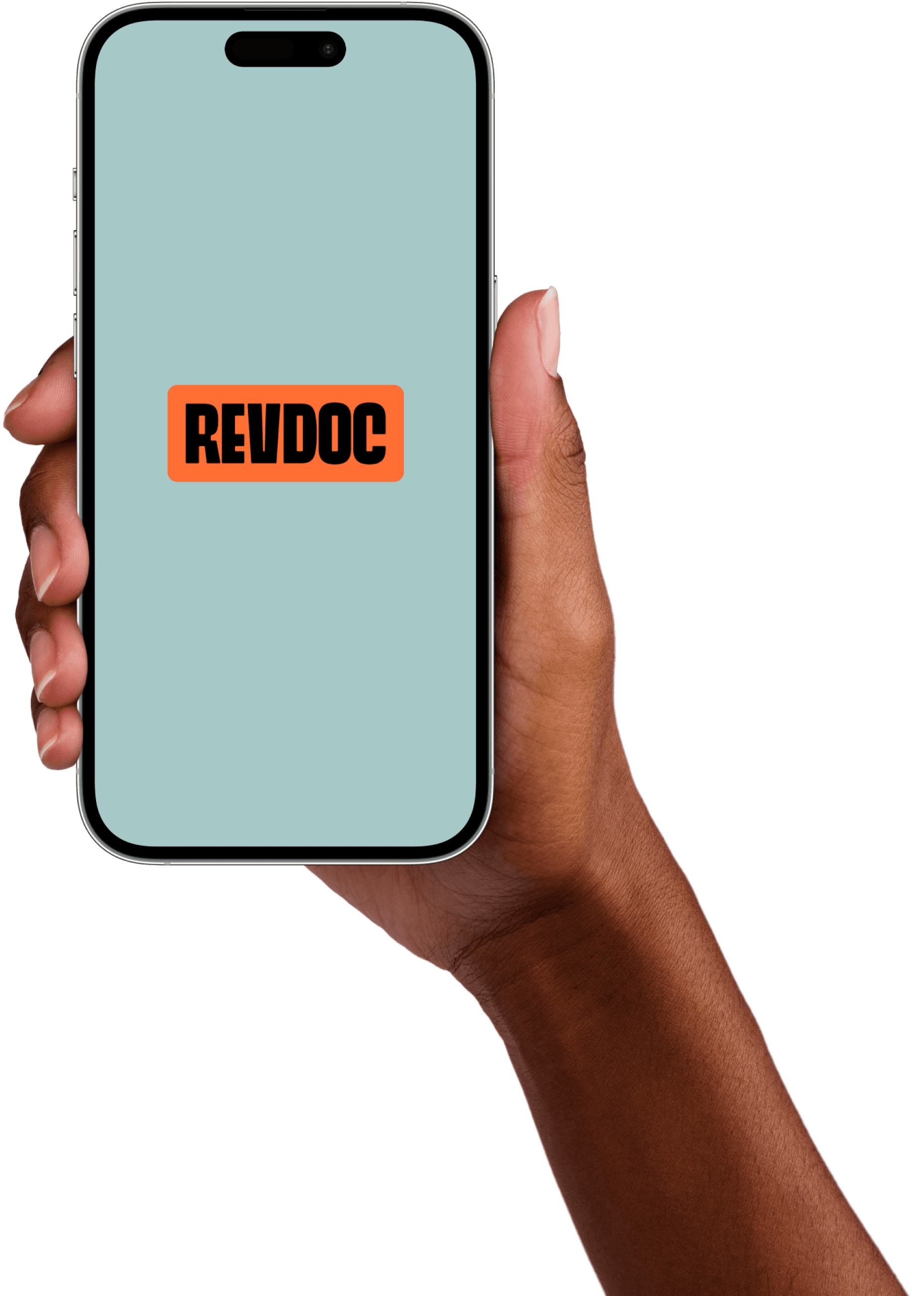 a hand holding a smartphone with the RevDoc logo