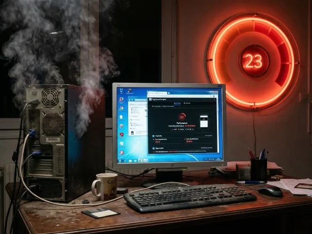 ordinateur fixe en surchauffe, en arrière plan un compteur Google PageSpeed insights négatif