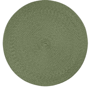 A circular, textured sage green woven placemat on a clear background.