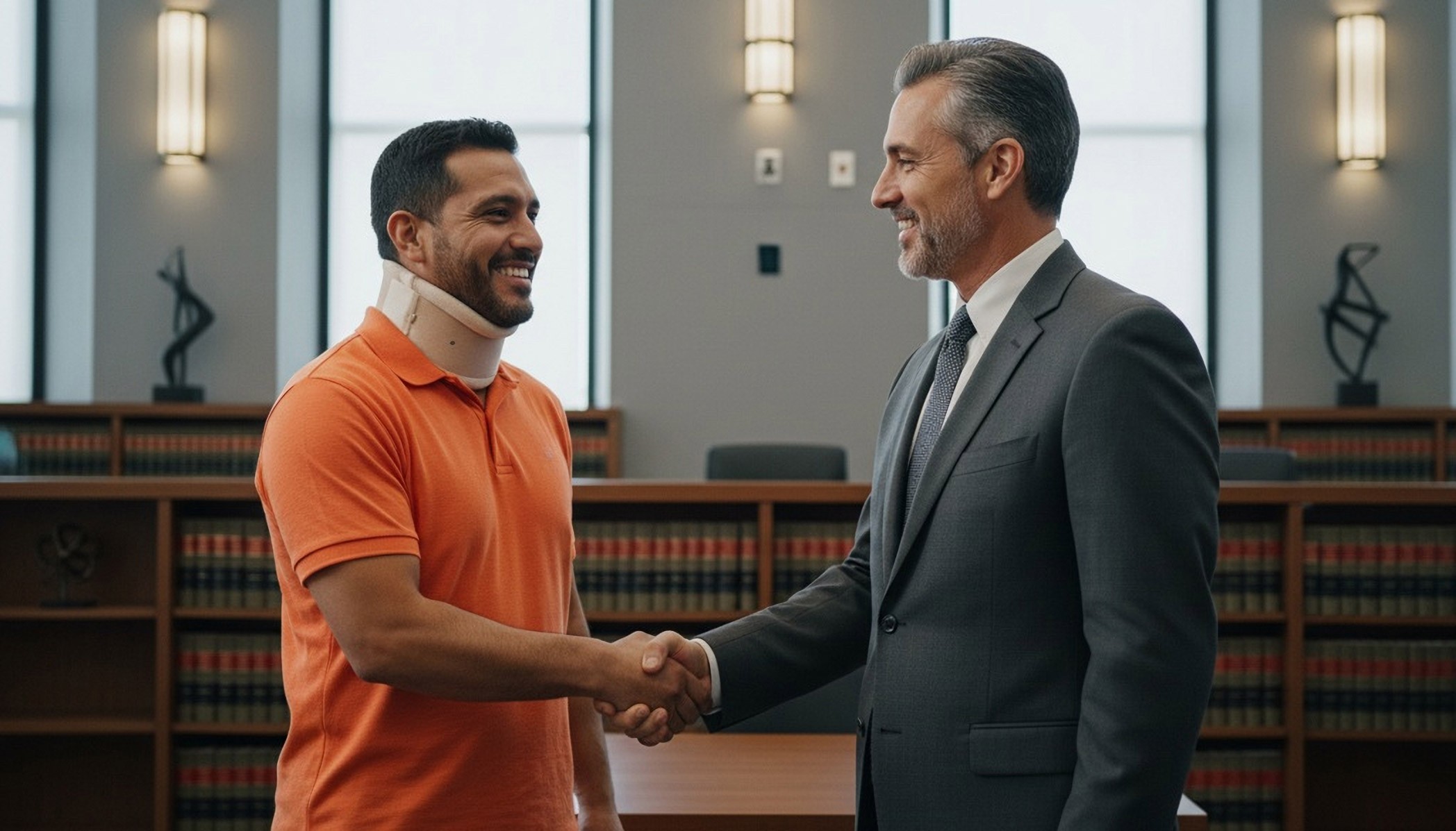 Person with neck injury shacking hands with attorney in court room