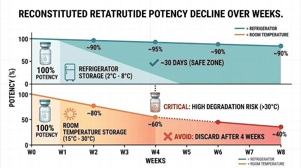 Reconstituted retatrutide potency decline timeline at different temperatures