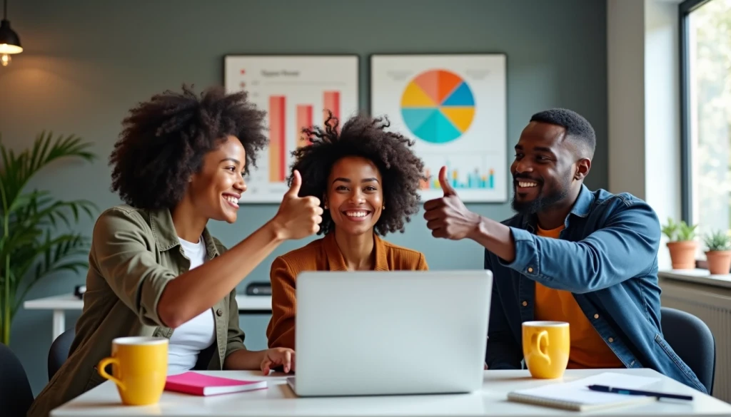3 people sitting around a desk watching a laptop. Behind them are charts. It looks like 3 students hard at work. Two of the students are raising thumbs in the air.