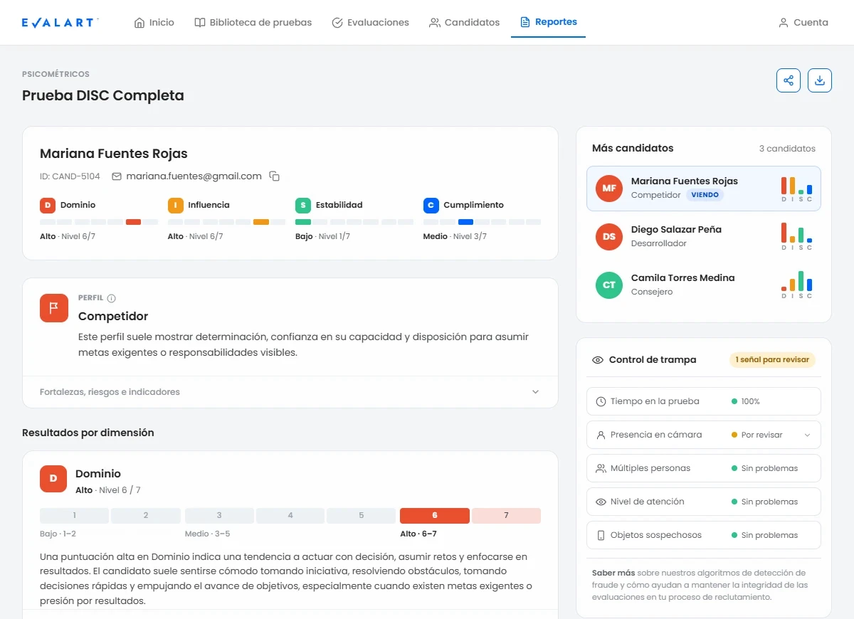 Informe de resultados de una prueba psicométrica de Evalart, con el perfil de comportamiento del candidato