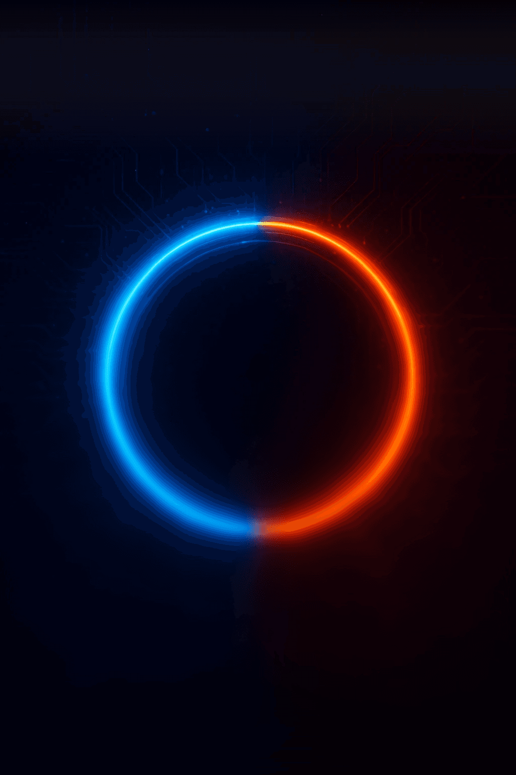 A sleek, minimalist wallpaper features a perfect circle, split evenly with a vibrant blue glow on the left and a fiery orange glow on the right. The background is a dark, almost black, color with subtle, intricate circuit board patterns in a faint blue, suggesting a high-tech, digital theme. The contrast between the cool blue and warm orange creates a striking visual balance.