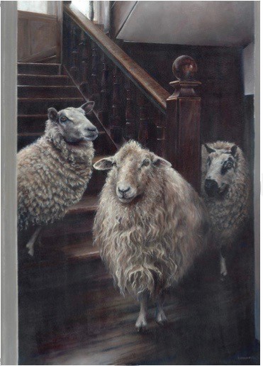 3 pet sheep standing on ornate staircase  commission painting