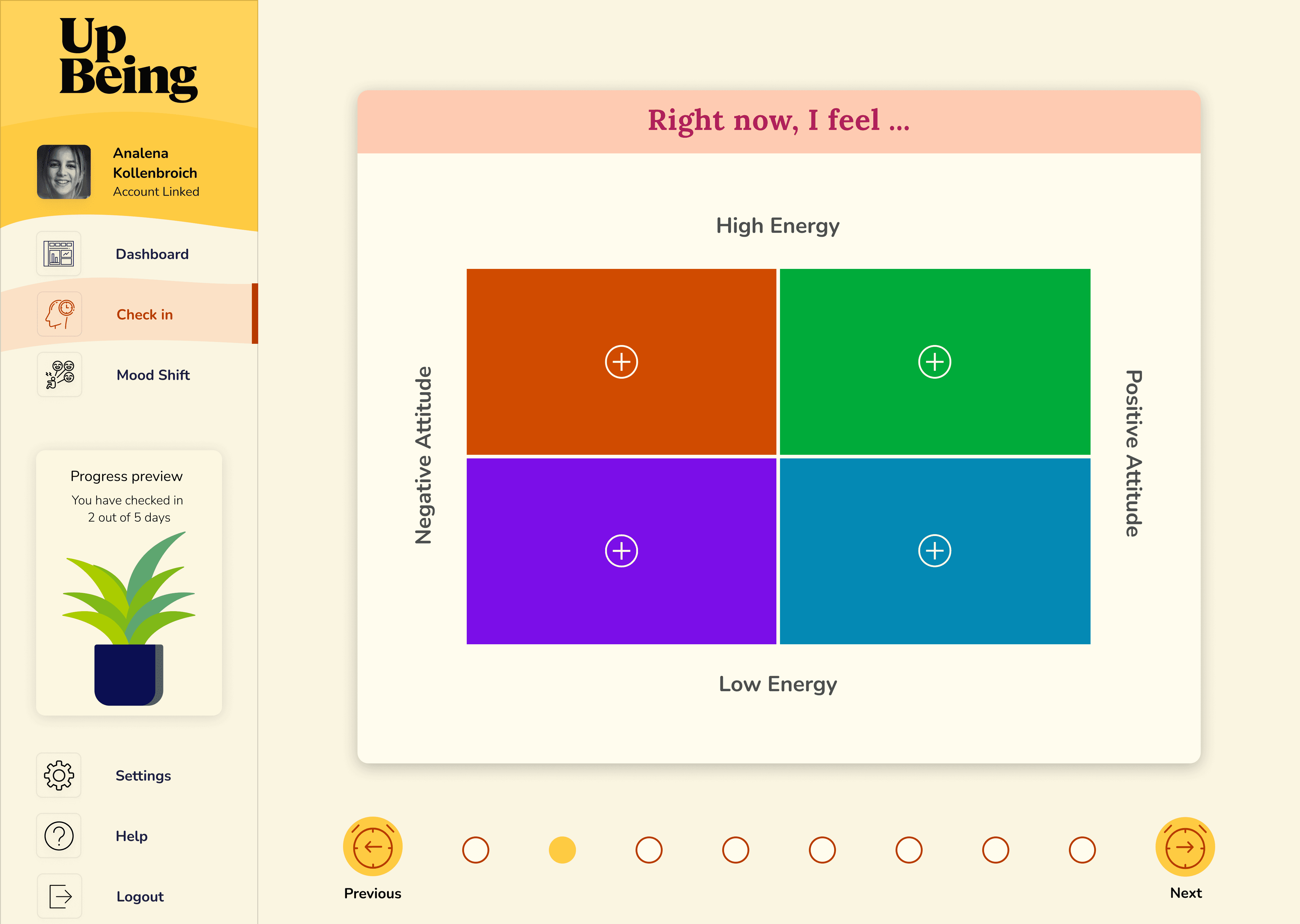 Emotion mapping interface showing a four-quadrant mood model labeled by energy and emotional valence to help users identify how they feel.