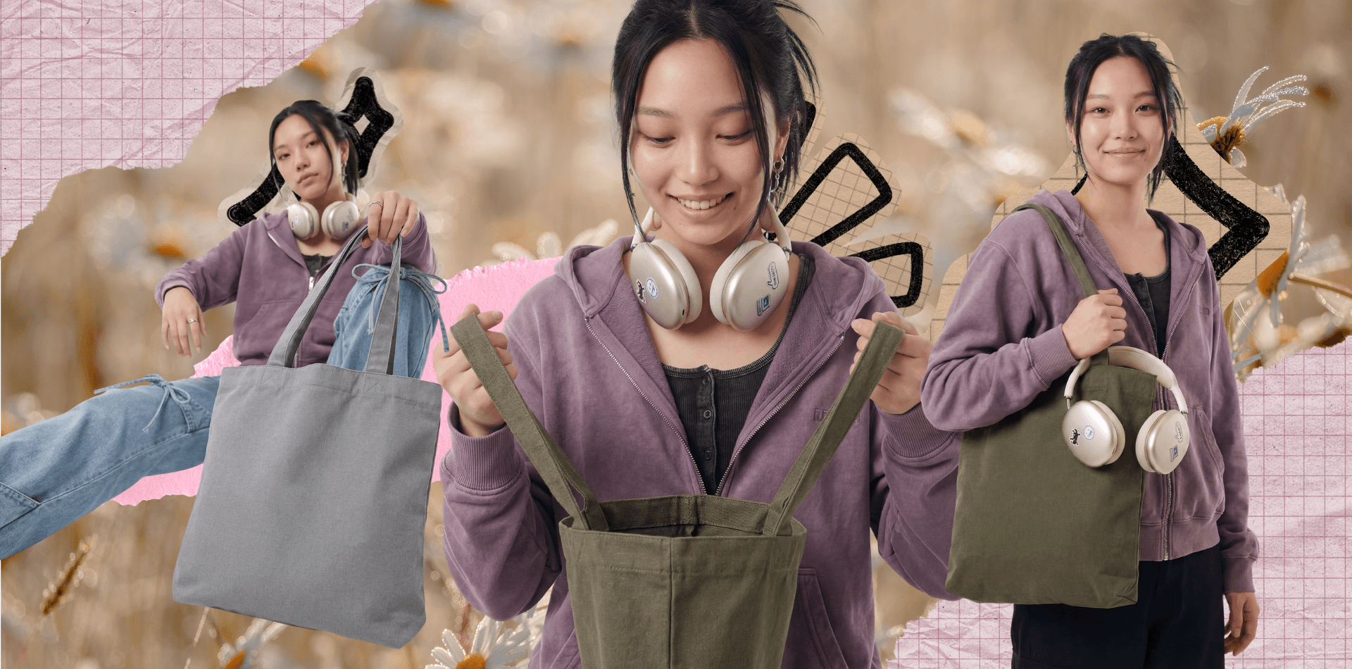 Woman carrying grey and olive green tote bags in a lifestyle collage, showing versatile everyday use of reusable tote bags.