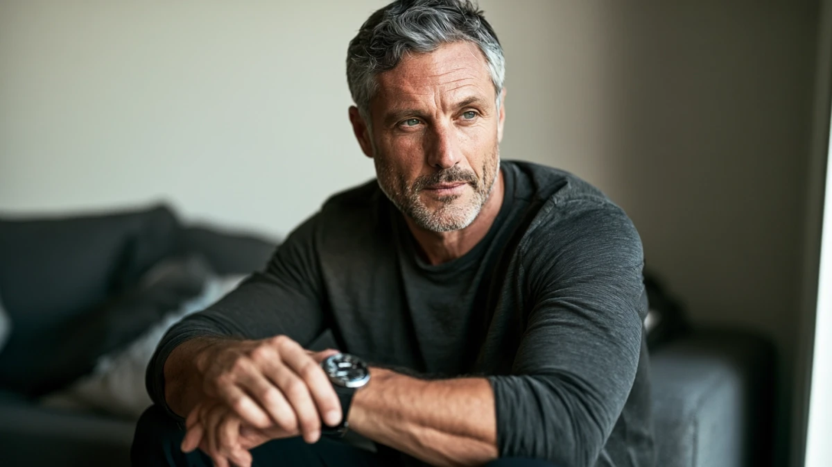 A man sitting on the edge of a sofa, looking at the clock after a breathing exercise.