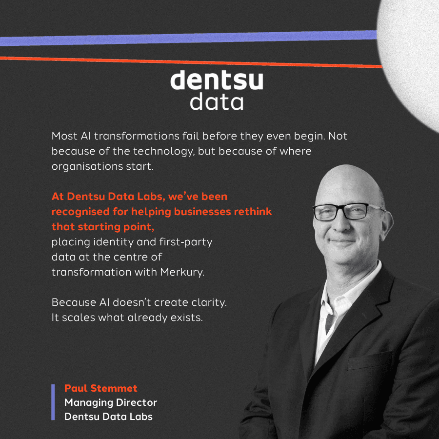 Paul Stemmet Headshot with copy on dark, dentsu corporate identity background and dentsu data labs logo