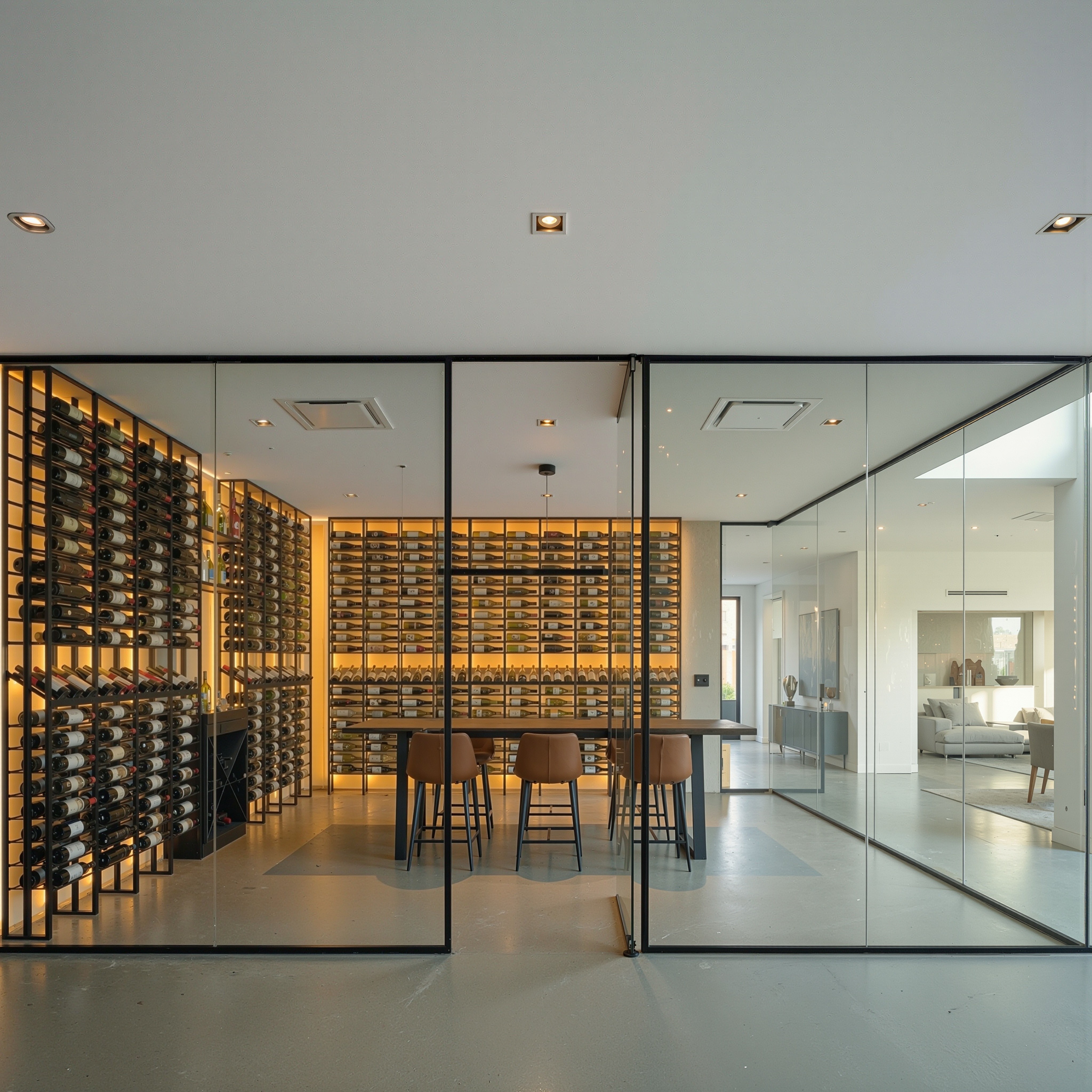 Modern-frameless-glass-wine-cellar-with-black-metal-wine-racks-and-backlit-wall-by-prestige-wine-cellars