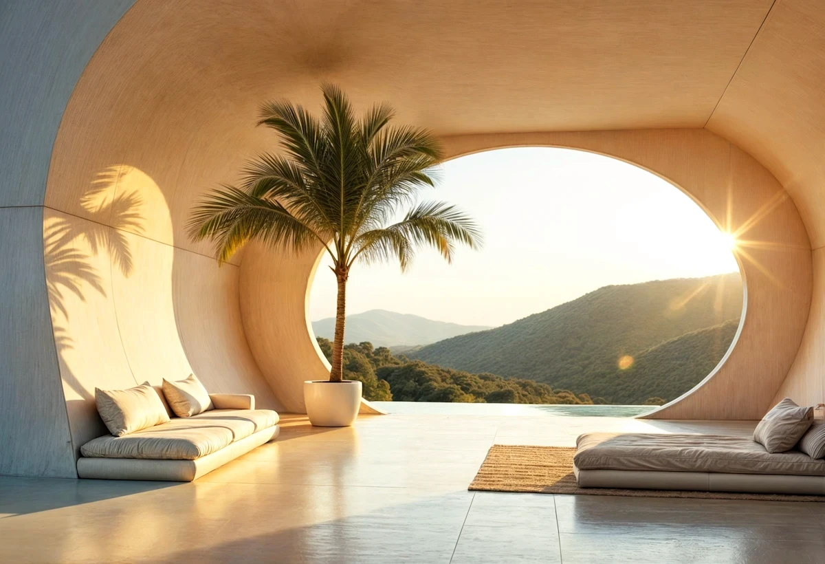 Mediterranean style interior featuring a large arched window with views of rolling hills at sunset.