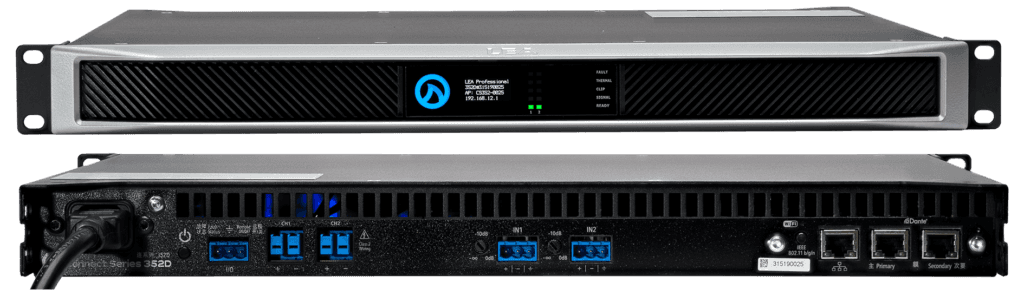 LEA Professional Connect Series 352D amplifier, front and back views.