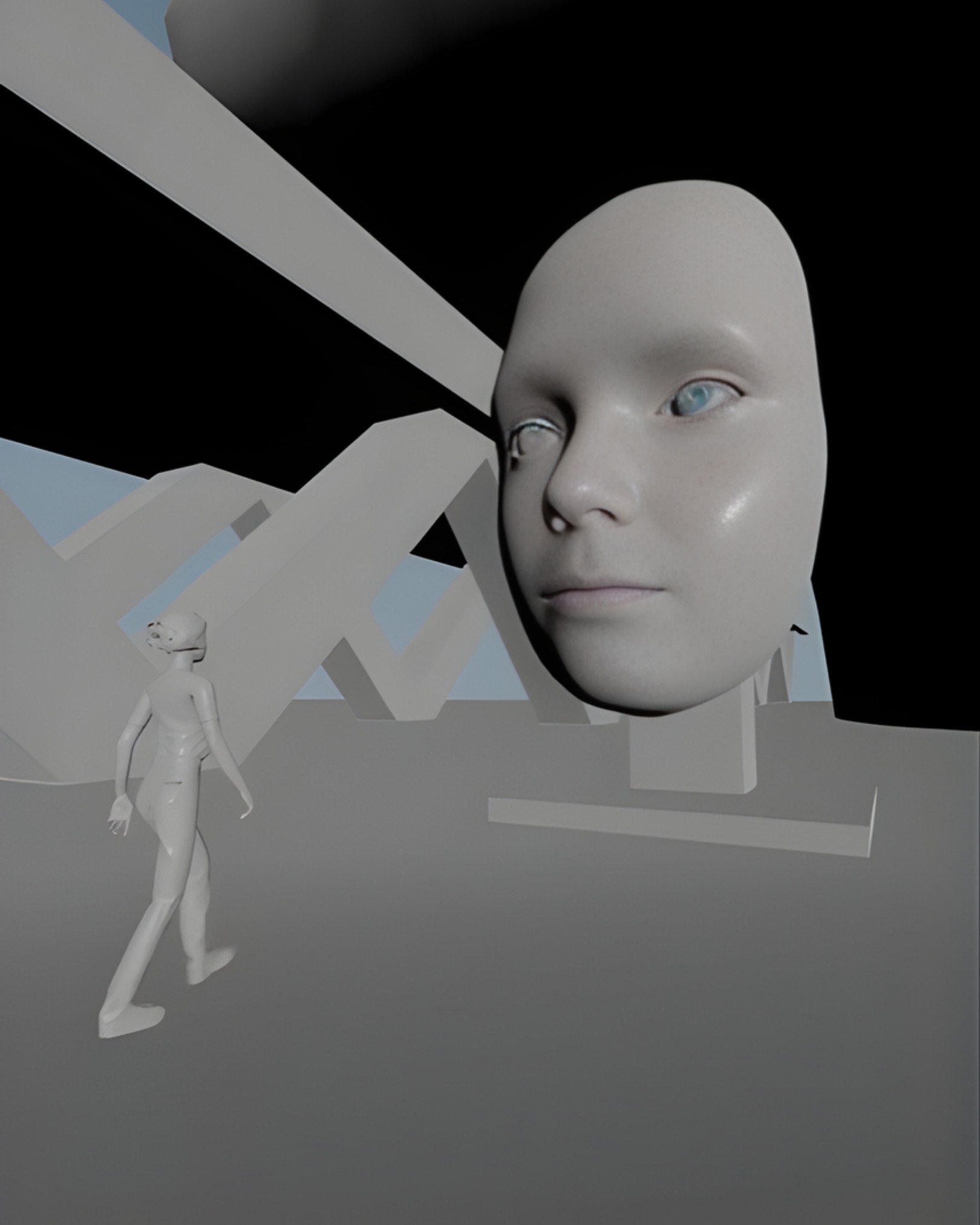 Gray-scale 3D wireframe models showing the mechanical structure of a giant robotic head