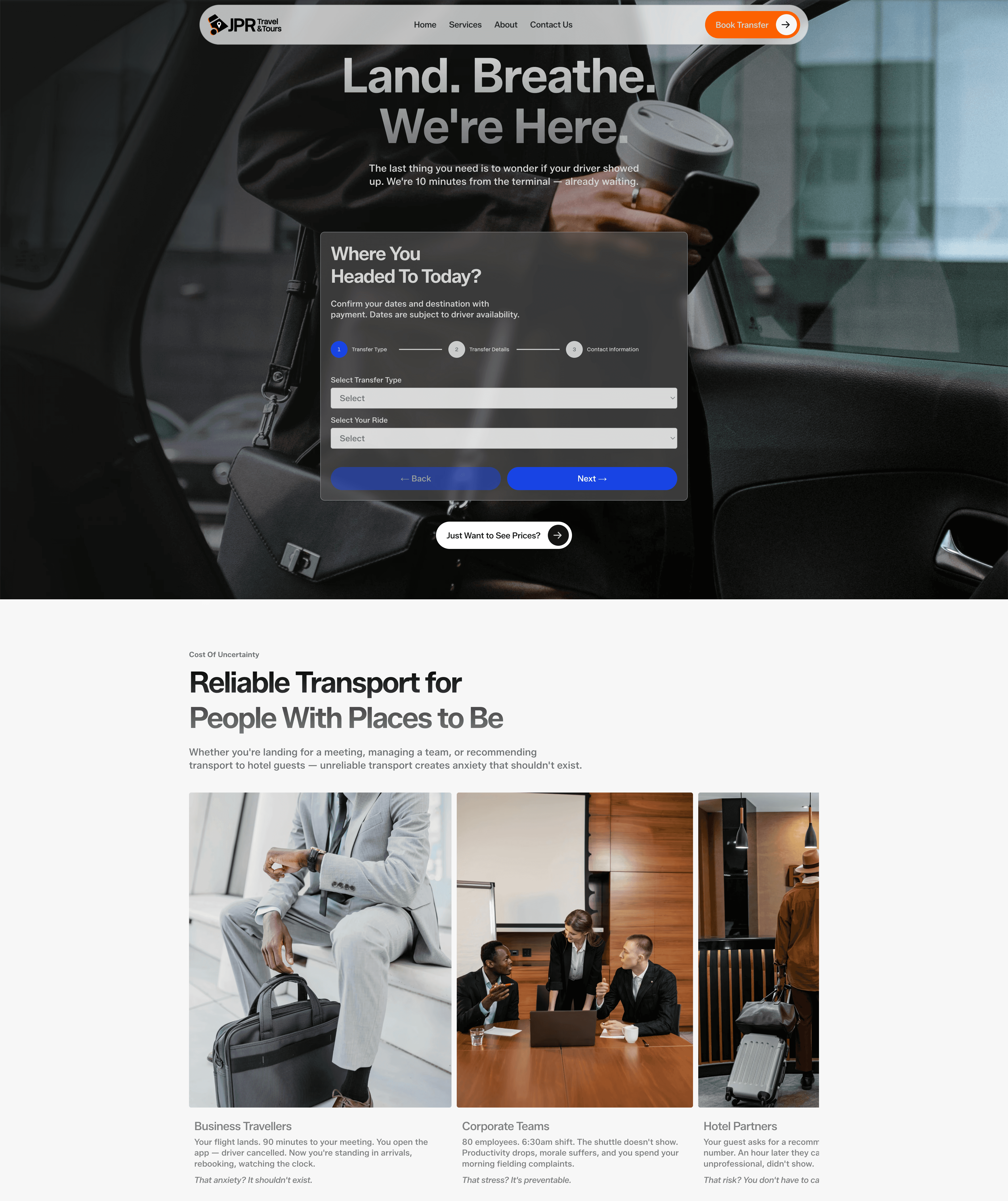 Transport business services page showing travel services and hotel partnerships.