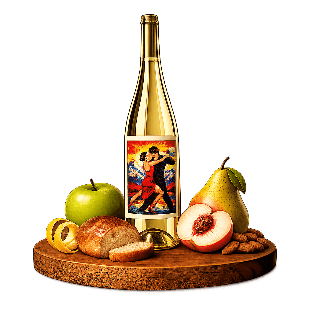 Artistic label and flavor profile for Argentinian Sparkling Wine on a rustic wooden table.