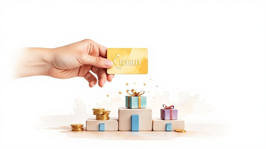 Golden loyalty card held above a tiered podium featuring gift boxes and coins, illustrating customer retention.