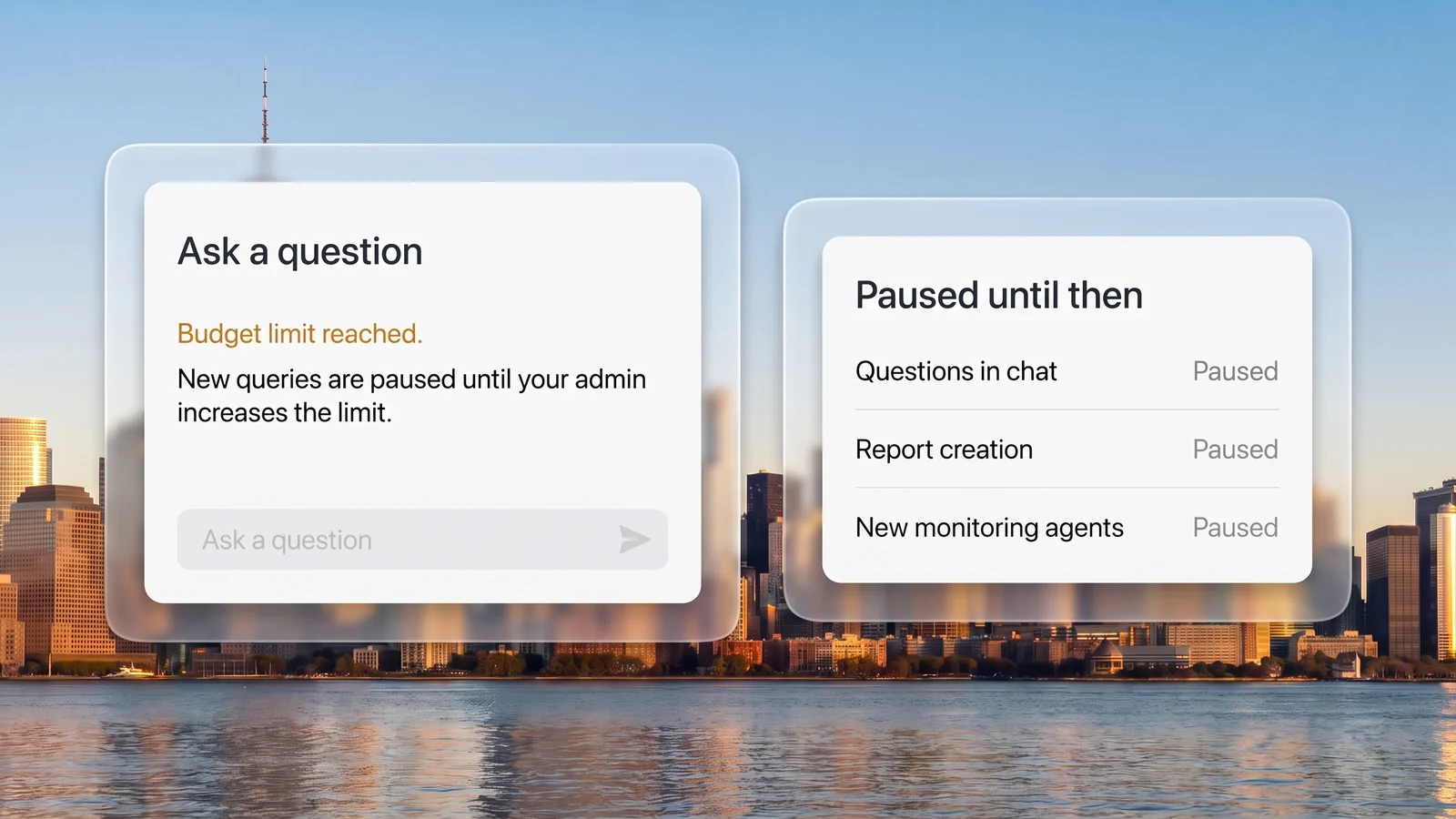A question box paused with the notice that the monthly budget limit is reached, beside the list of AI actions that pause until an administrator raises the limit