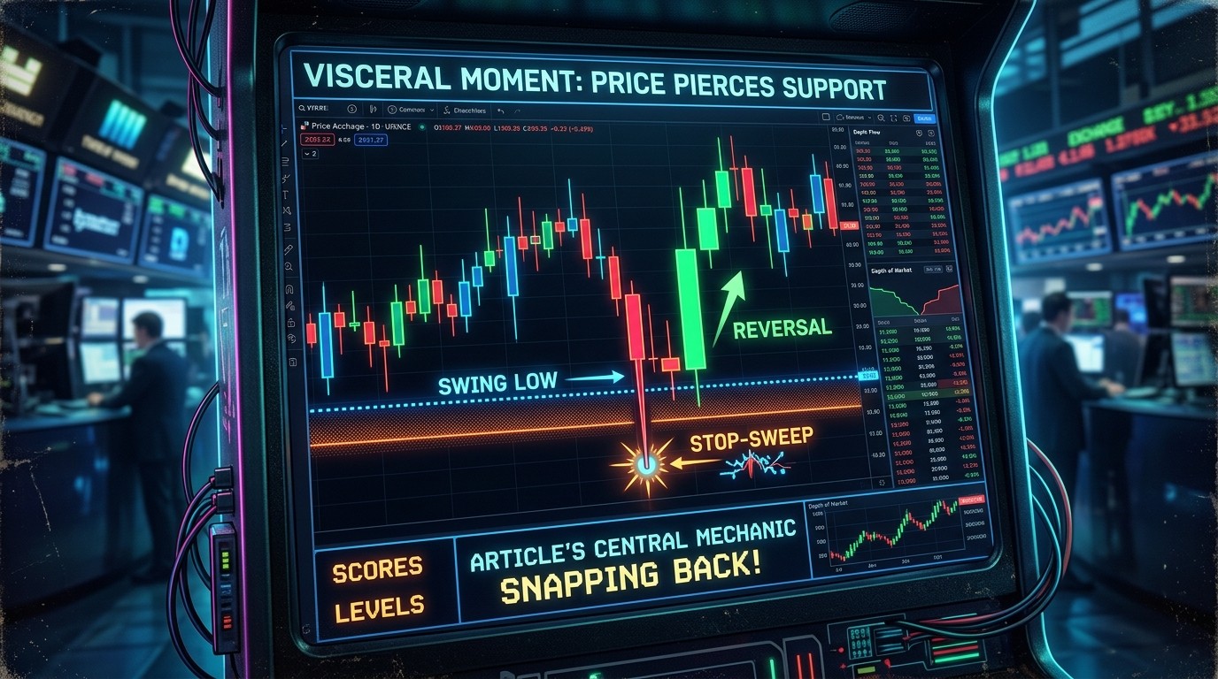 Price chart showing a sharp wick below a swing low that immediately reverses, illustrating a stop-loss hunting liquidity sweep