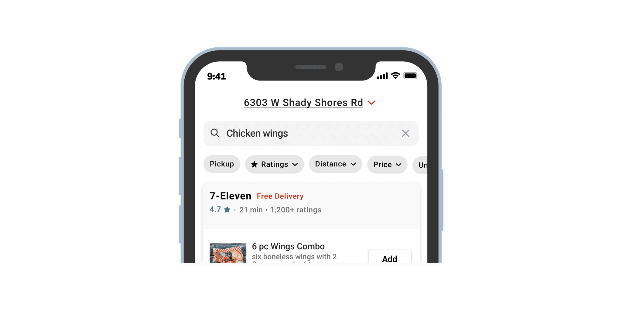 Mobile mockup containing ui screen of doordash search page address indicator.