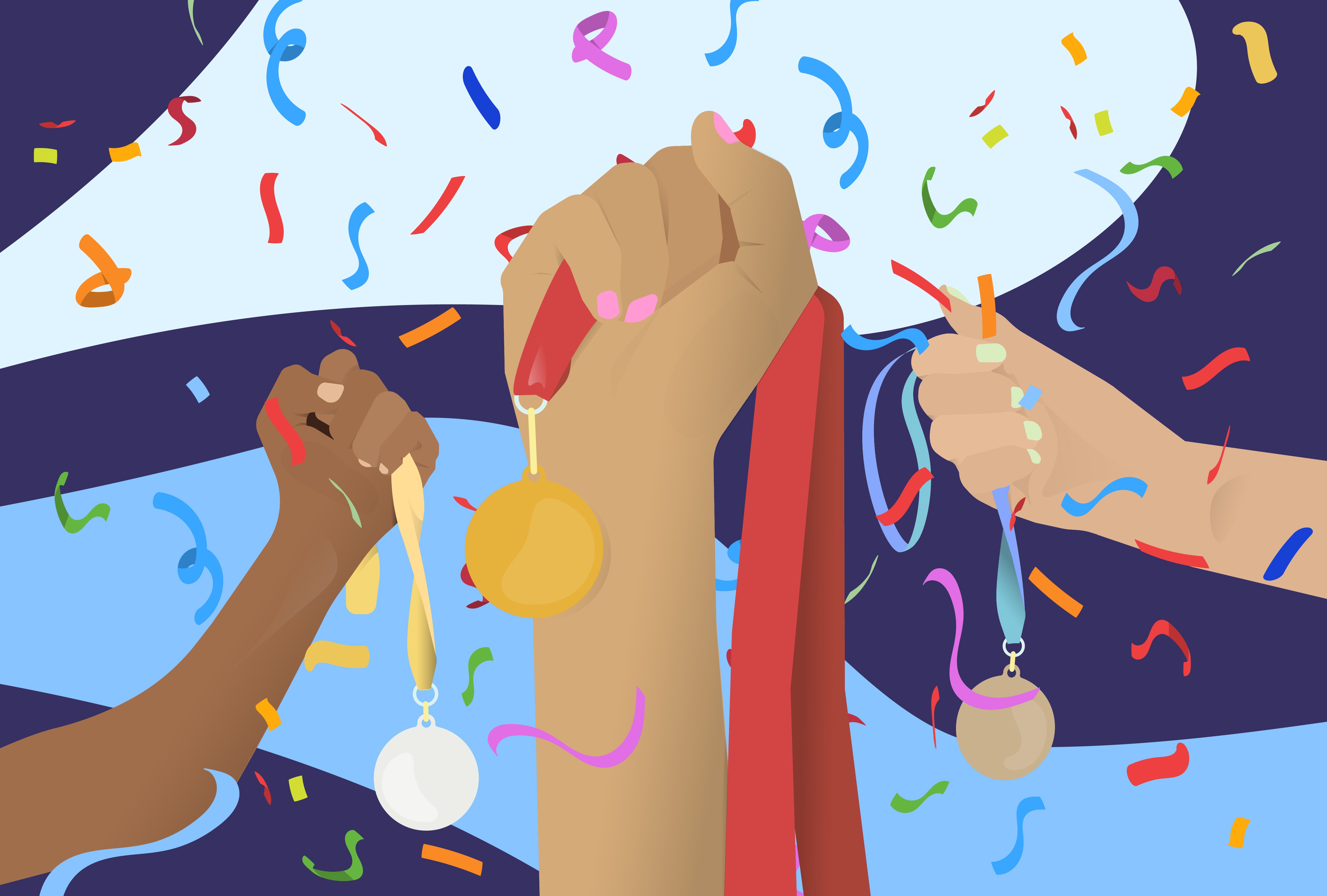 Vector illustration of diverse hands holding up gold, silver, and bronze Olympic medals with colorful confetti in the background.