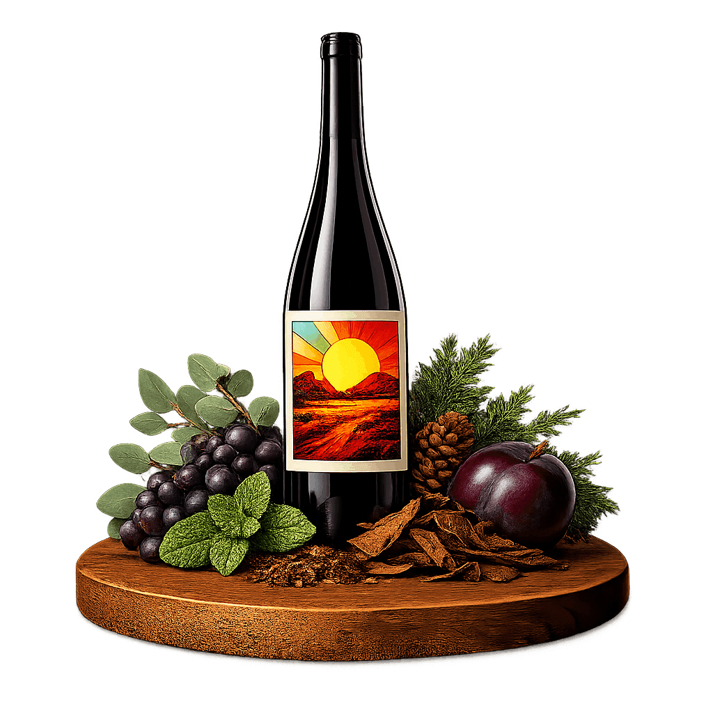 Artistic label and flavor profile for Australian Cabernet Sauvignon on a rustic wooden table.