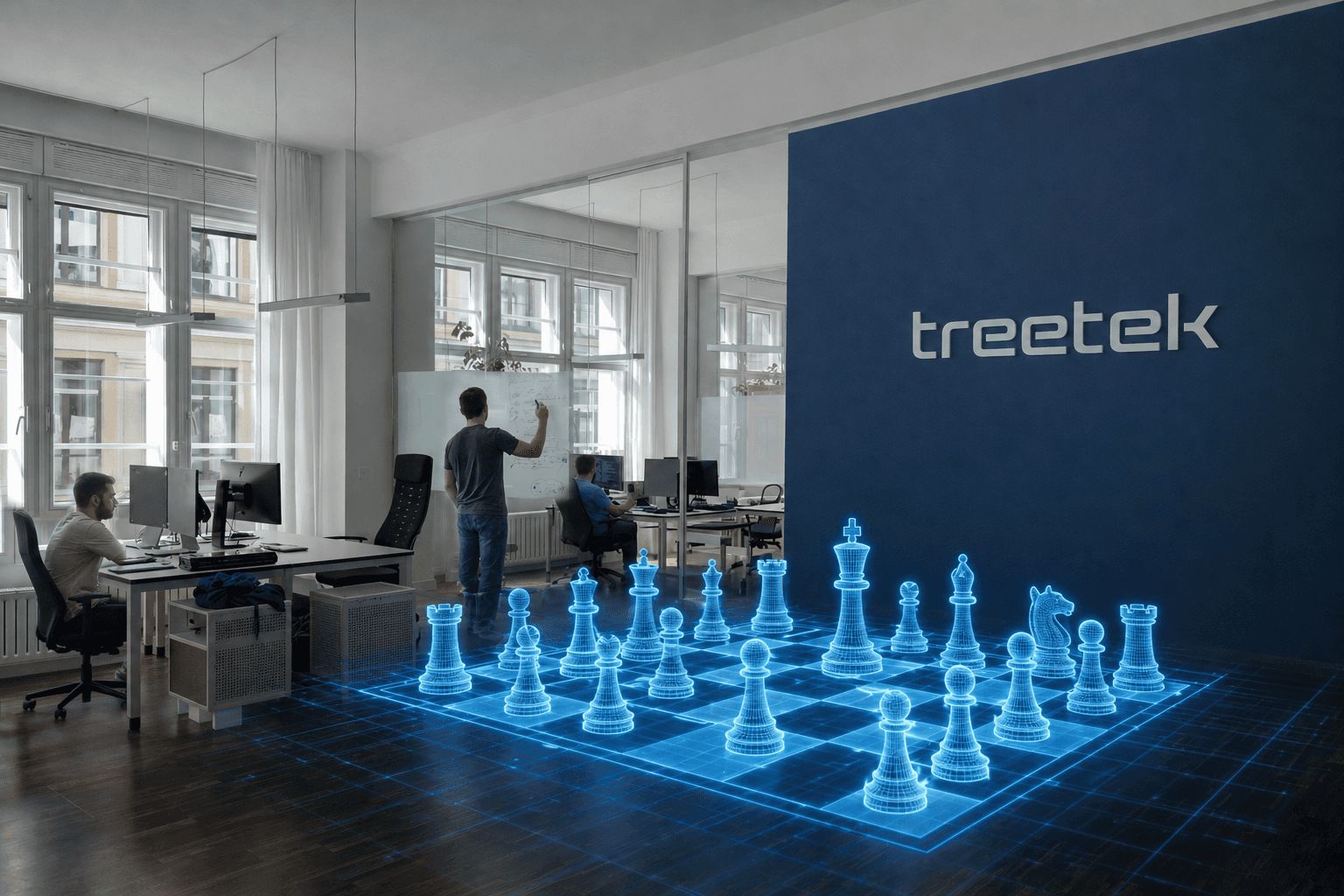 Im Büro der treetek arbeiten 3 Personen, im Raum steht ein holografisches Schachspiel