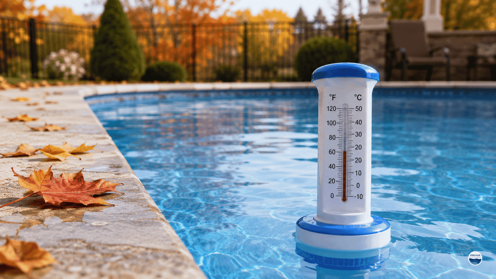 Pool thermometer showing water temperature below 60 degrees before winterizing