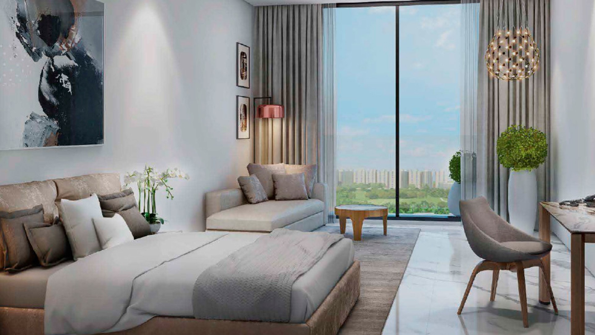 . A sleek bedroom design with a large bed and an expansive window, providing ample natural light.