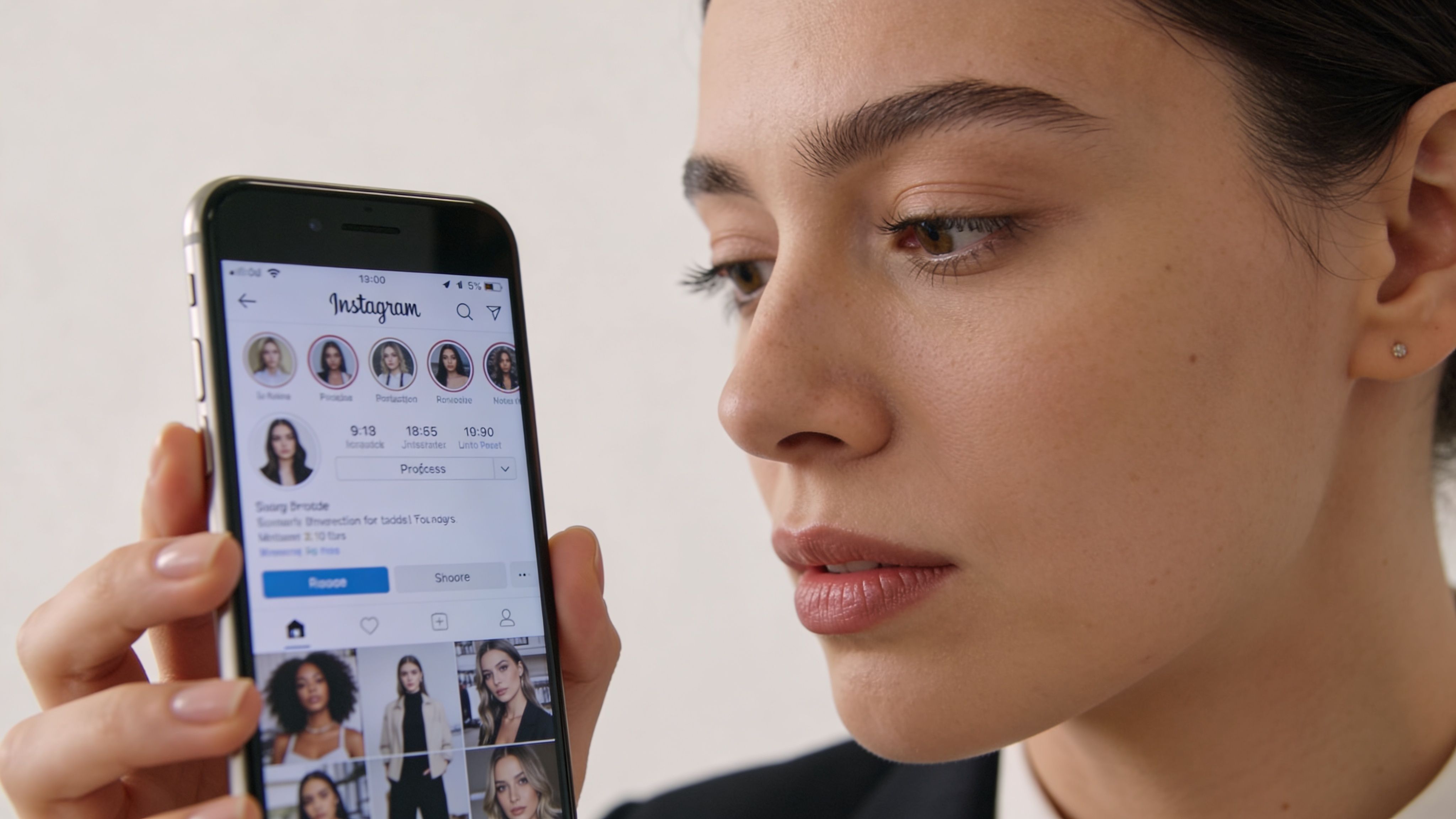 Eine Frau betrachtet aufmerksam das Instagram-Profil auf ihrem Smartphone, während sie das Gerät in der Hand hält.