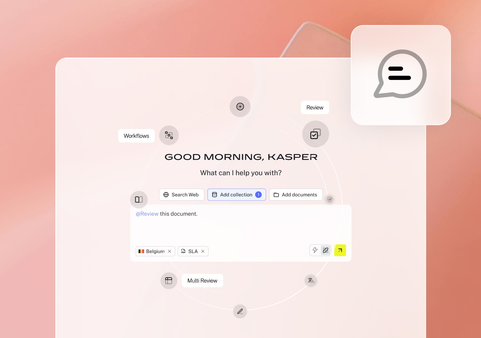 LEGALFLY interface displaying knowledge collections, including partner collections, internal topics, and jurisdiction-specific legal sources.
