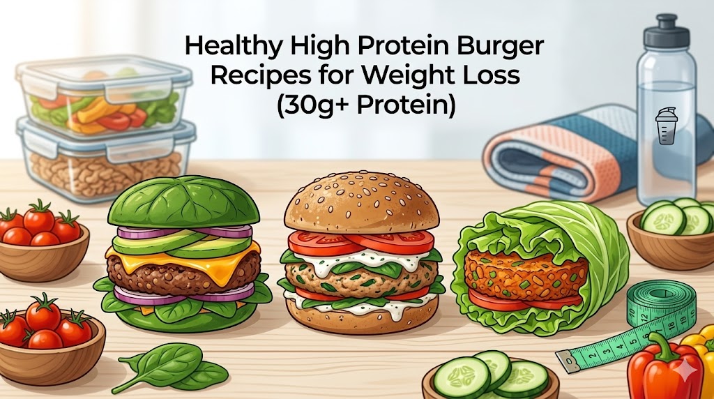 An illustrative guide to three high-protein burger recipes for weight loss: a lean beef and lentil burger with cheese, a juicy turkey and spinach burger with tomato, and a vegan TVP burger in a lettuce wrap. Each provides 30g+ of protein and is set among vegetables and fitness props.