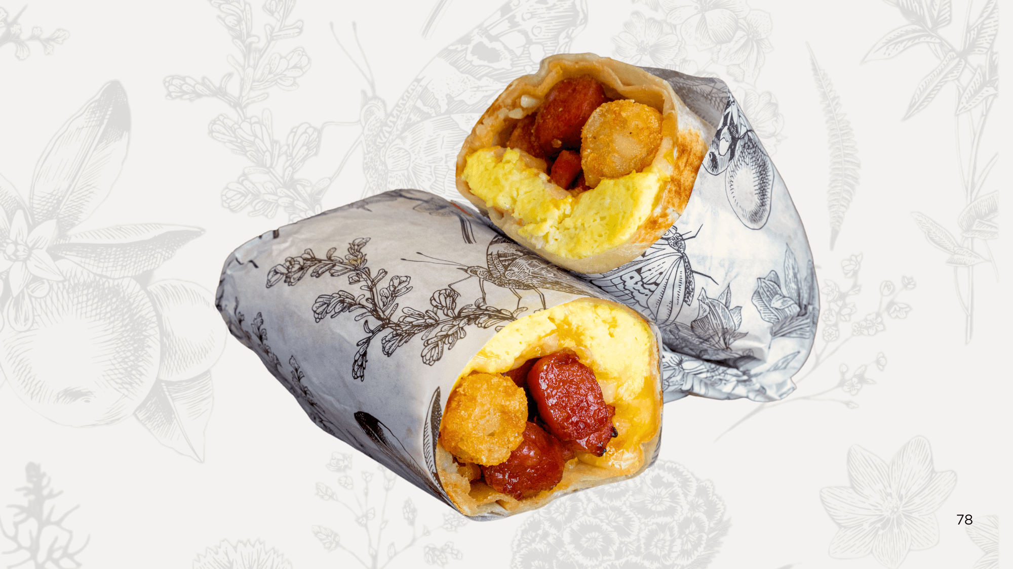 Breakfast Burrito Longanisa – longanisa sausage, tater tots, eggs, cheese