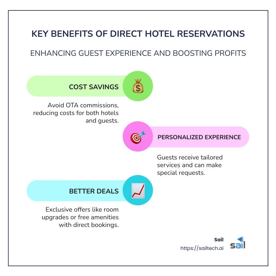 Infographic detailing key benefits of direct hotel reservations, such as cost savings, personalization, and exclusive offers - direct reservation in hotel infographic infographic-line-3-steps-colors