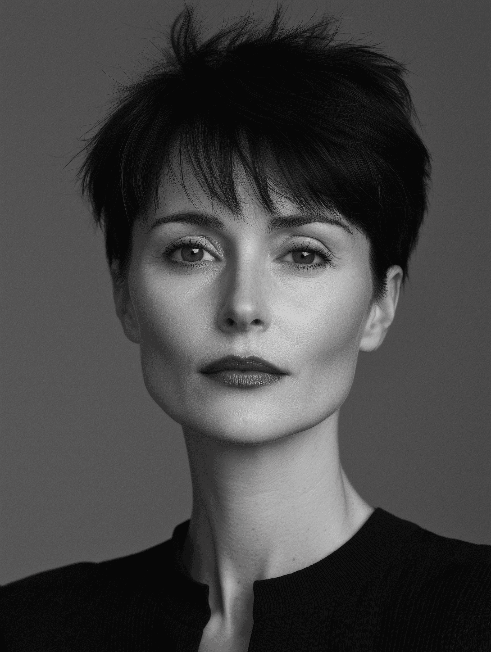 A black-and-white portrait of a woman with short hair and a striking facial expression, wearing a modern, structured outfit.