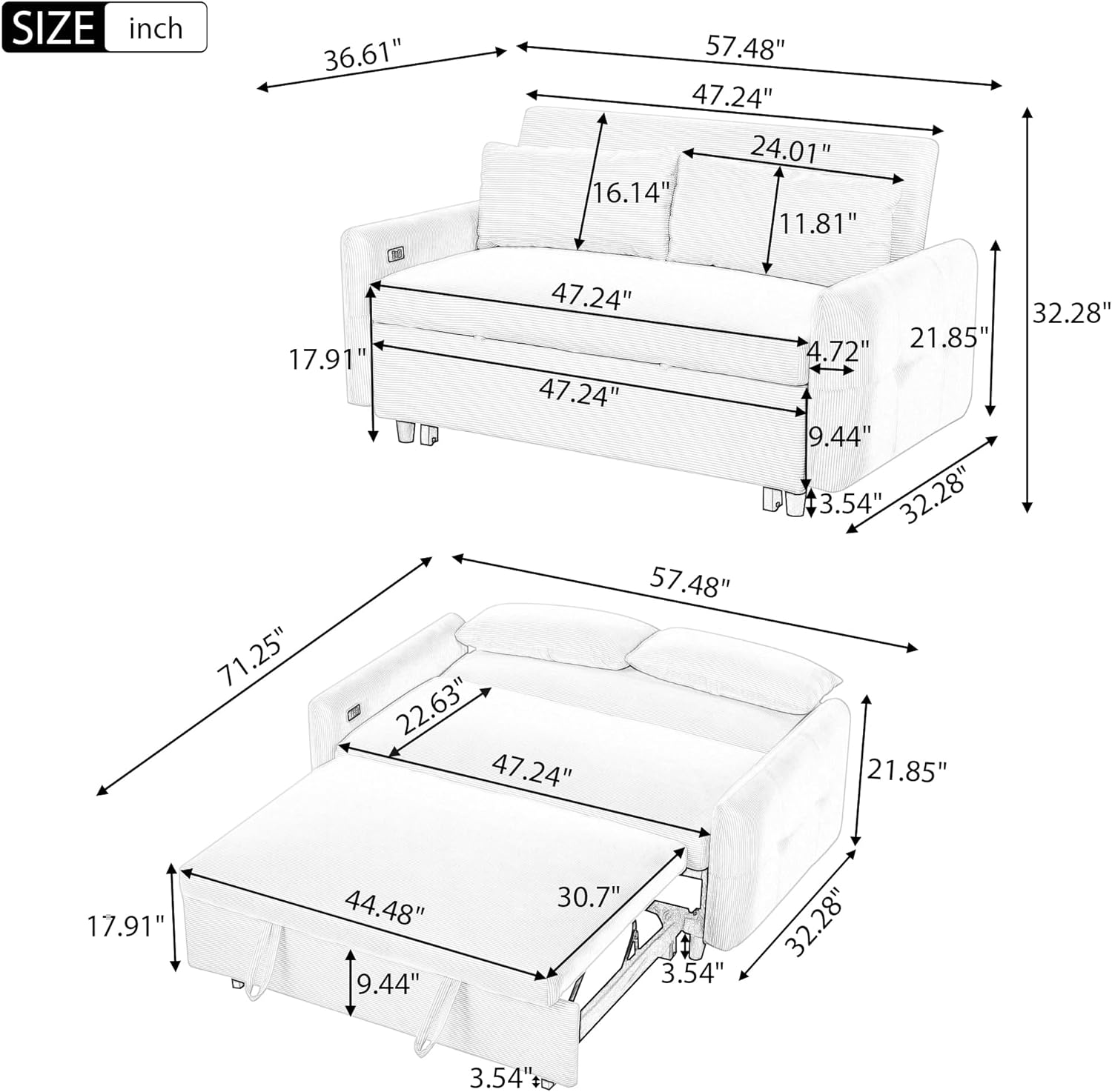 Versatile modern sleeper sofa with a contemporary silhouette, ideal for maximizing space in stylish living areas.