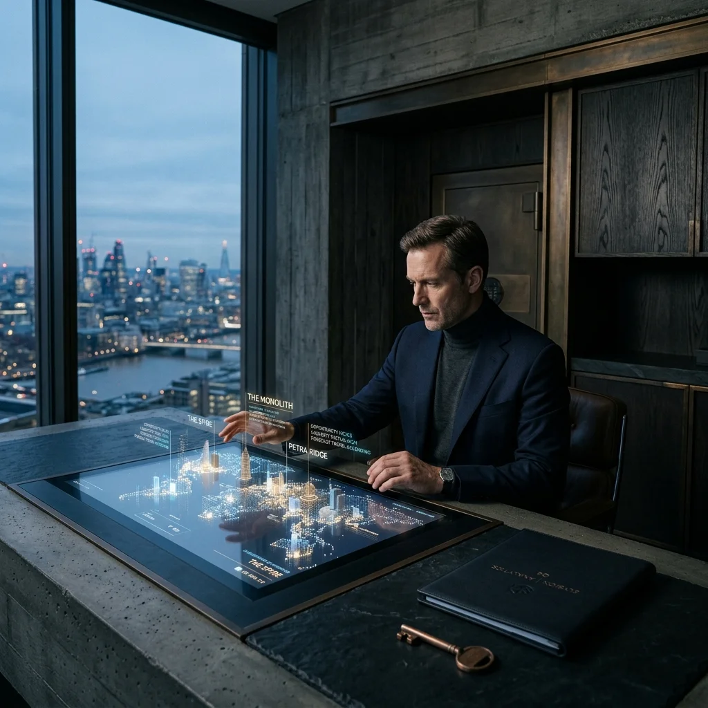 Man interacting with a digital city model on a touchscreen table in a modern office overlooking a city skyline at dusk.