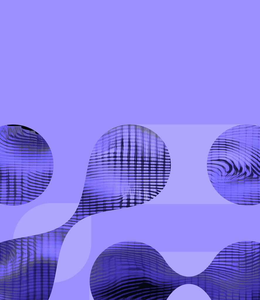 Abstract digital art featuring purple spheres and flowing shapes with grid-like patterns and wavy textures against a lavender background. Enoki logo.