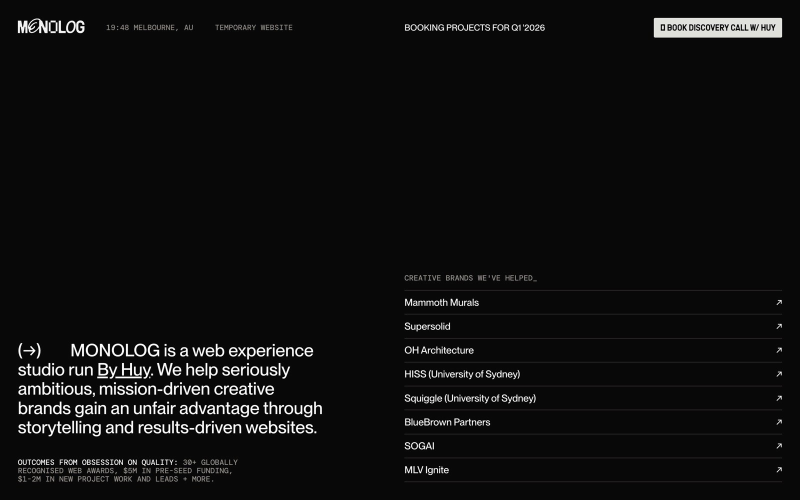 Black background with white text reading "MONOLOG is a web experience studio run by Huy." List of brands and button saying "BOOK /...