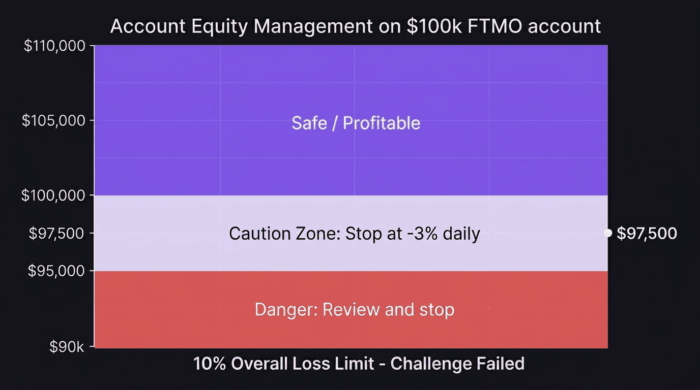 FTMO maximum overall loss showing account equity floor at 90 percent of initial balance with danger zones marked