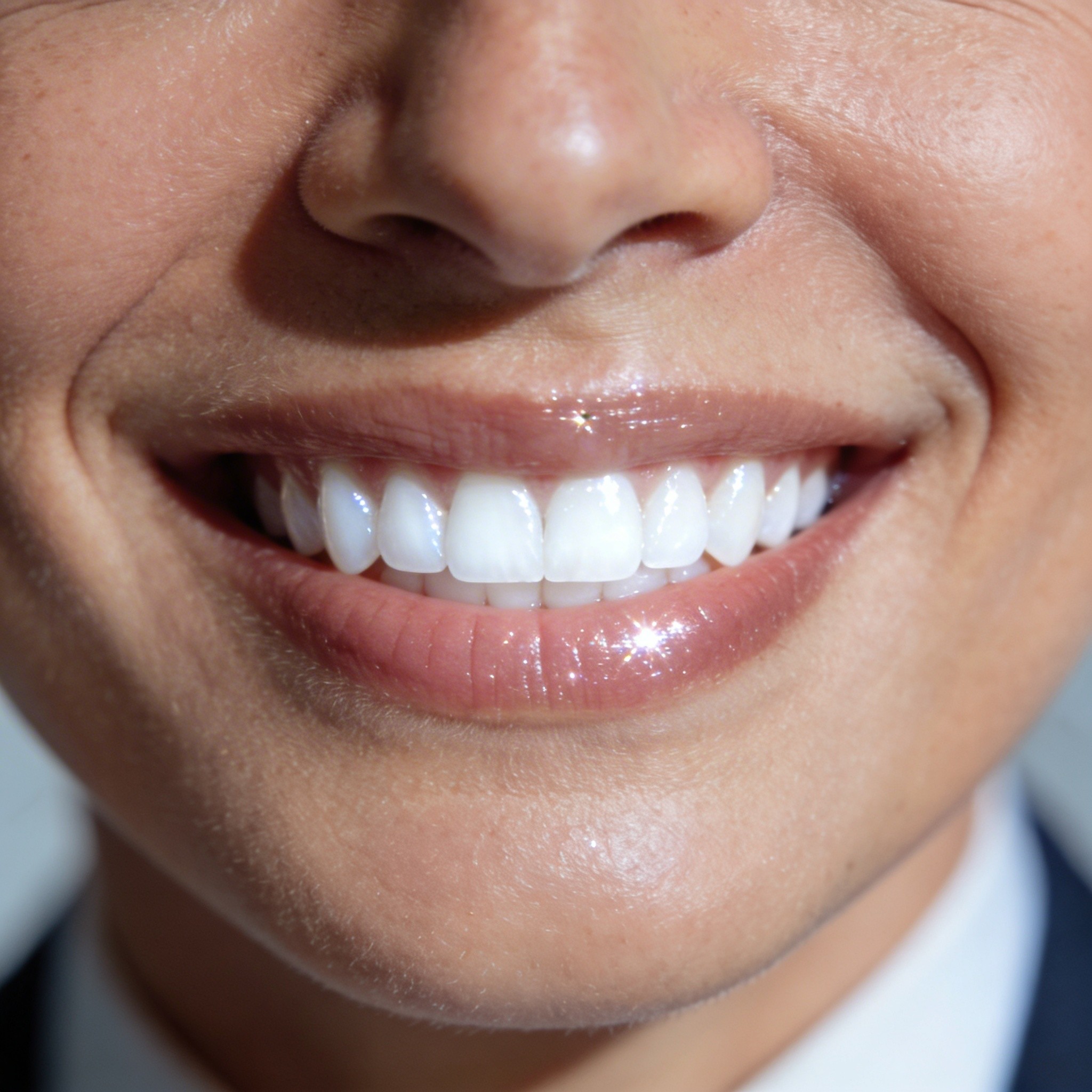 Close-up of professionally whitened bright white teeth showing radiant luminous smile achieved through professional whitening treatment