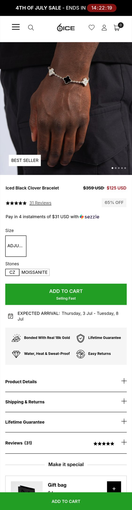 Jewelry product options include: bracelet for Iced Black Clover Bracelet from 6 ICE.