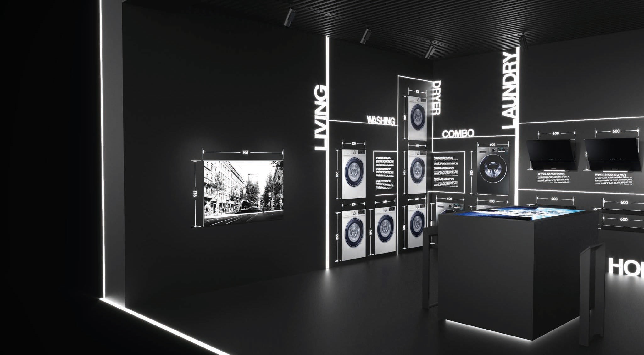 Dimensions stickers wall Booth SAMSUNG deign concept exbition retail and musal black and white lighting design 