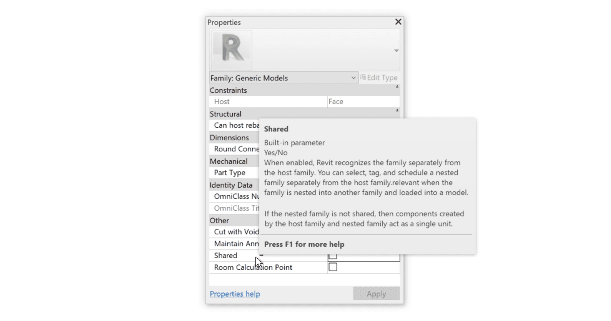 Families can be set to be shared in the properties dialog.