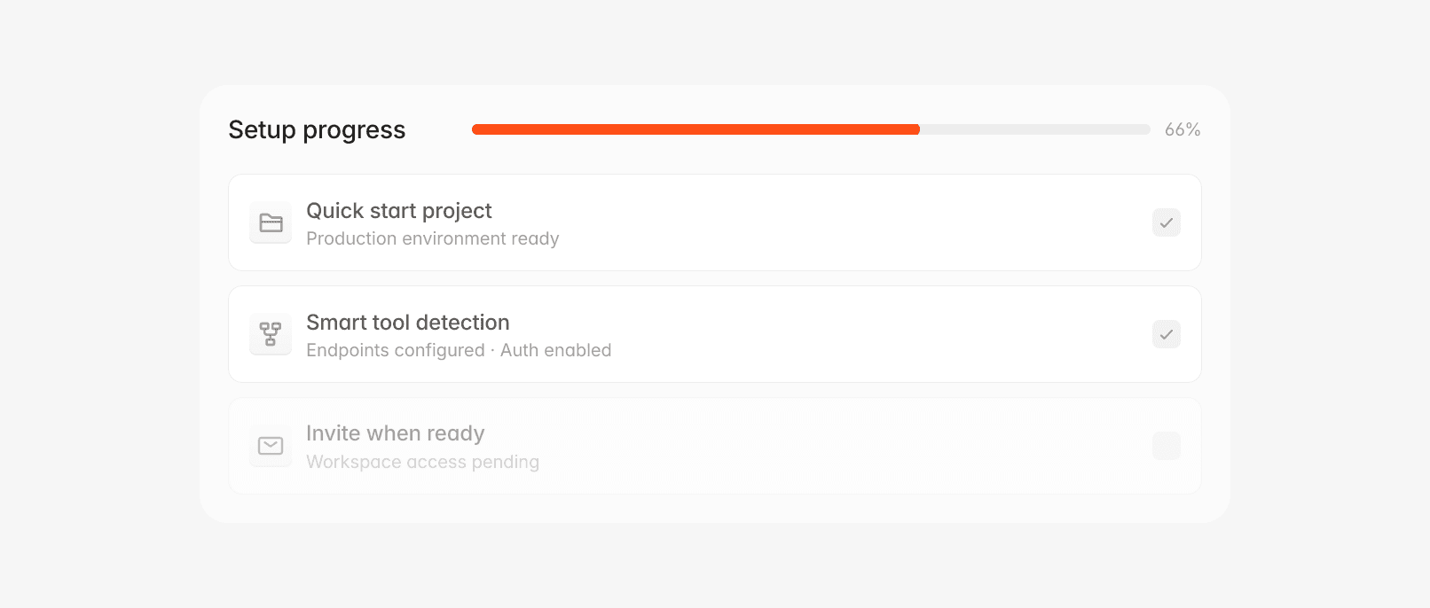 Setup progress bar showing "Quick start project" complete, "Smart tool detection" complete, and "Notify when ready" pending.